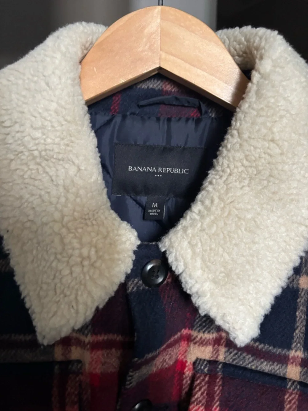 Banana Republic Navy and Red Plaid Sherpa-Collar Field Jacket - Picture 2 of 4